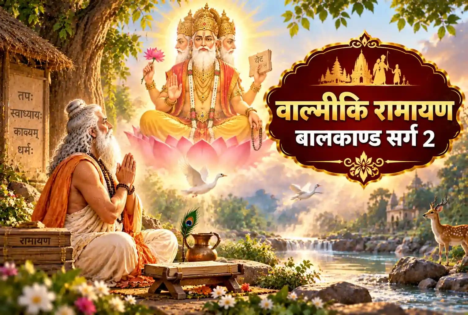वाल्मीकि रामायण ,बालकाण्ड , सर्ग 2 : क्रौञ्चवध से संतप्त हुए महर्षि वाल्मीकि, ब्रह्माजी का उन्हें रामचरित्रमय काव्य के निर्माण का आदेश देना 