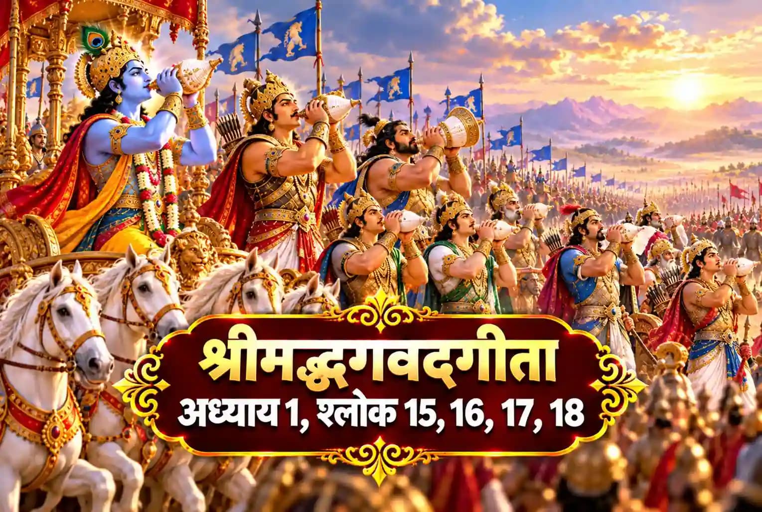 श्रीमद्भगवद्गीता, अध्याय 1, श्लोक 15, 16, 17, 18 : श्रीकृष्ण, अर्जुन और पाण्डवों ने कौन-कौन से शंख बजाए?